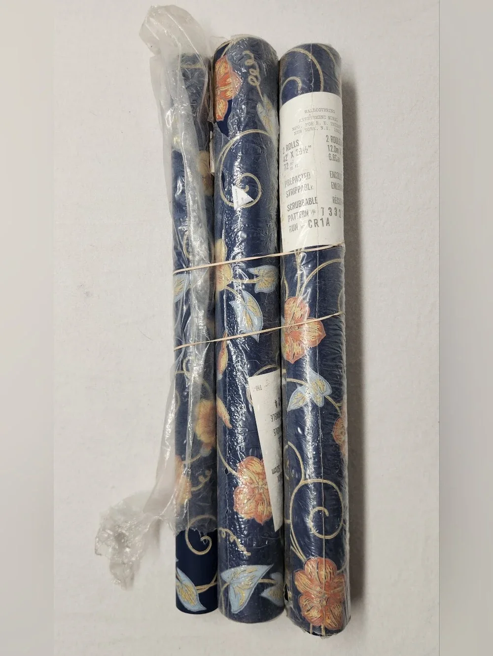 Vintage Thibaut Navy Blue Peach Floral Wallpaper 2.5 Rolls Boho Grandmillennial